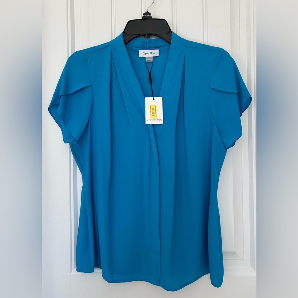 NWT Calvin Klein Petite Large Teal Flutter Sleeve Blouse